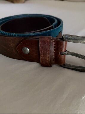 Rustic Brown Leather Belt with Blue Trim